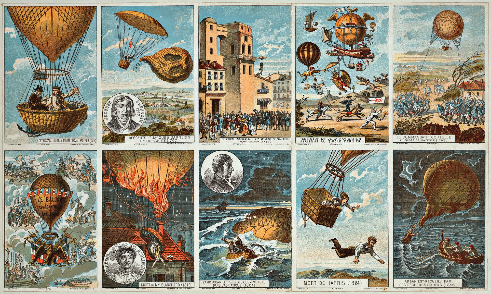 Historical balloon and parachute illustrations