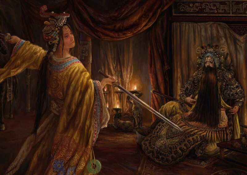 Historical drama scene with sword