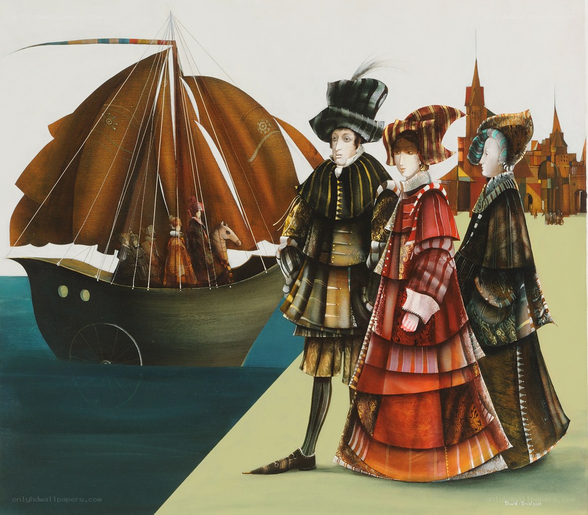 Historical figures by a ship