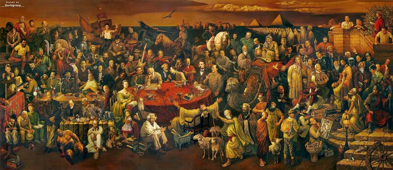 Historical Figures Gathering — Brown, Dramatic, Sunset, Painting, Table, Pyramids, Camel, Gold