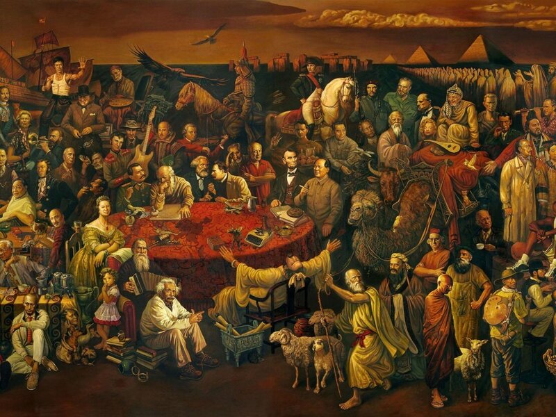 Historical Figures Gathering — Brown, Dramatic, Sunset, Painting, Table, Pyramids, Horse
