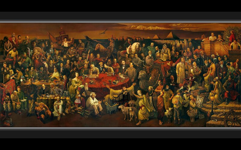 Historical Figures Gathering — Brown, Dramatic, Sunset, Painting, Table, Pyramids, Ship, Gold