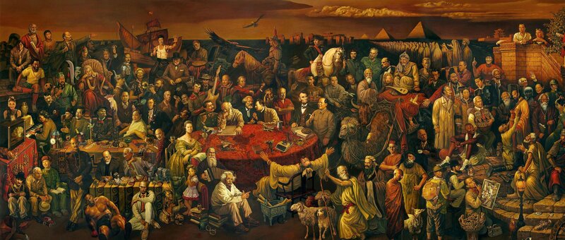 Historical Figures Gathering — Brown, Dramatic, Sunset, Painting, Table, Pyramids, Ships