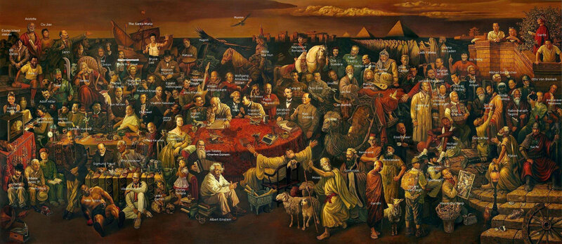 Historical Figures Gathering — Brown, Dramatic, Sunset, Painting, Table, Pyramids