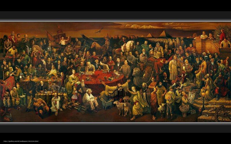 Historical Figures Gathering — Brown, Dramatic, Sunset, Painting, Table