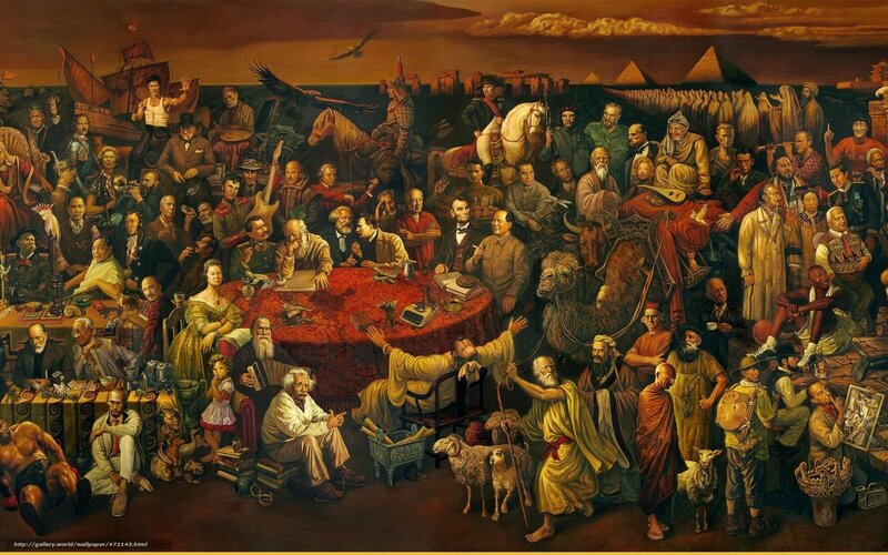 Historical Figures Gathering — Brown, Dramatic, Sunset, Painting