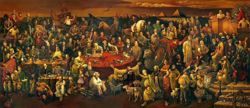 Historical Figures Gathering — Brown, Dramatic, Sunset