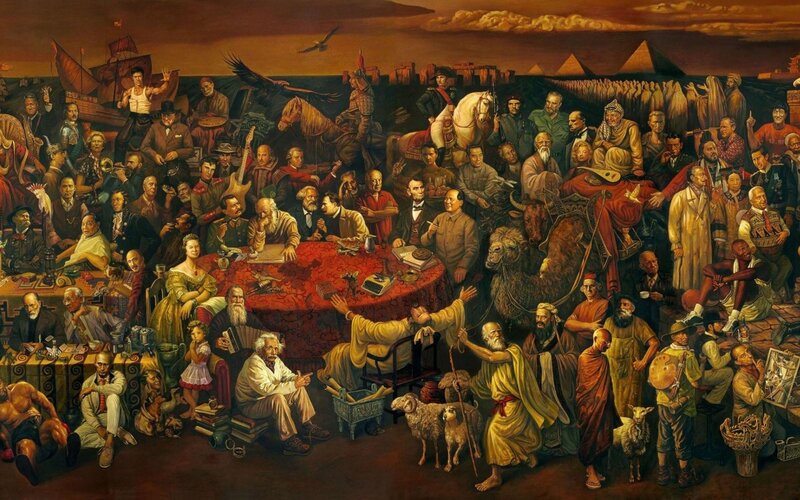 Historical Figures Gathering — Brown, Dramatic