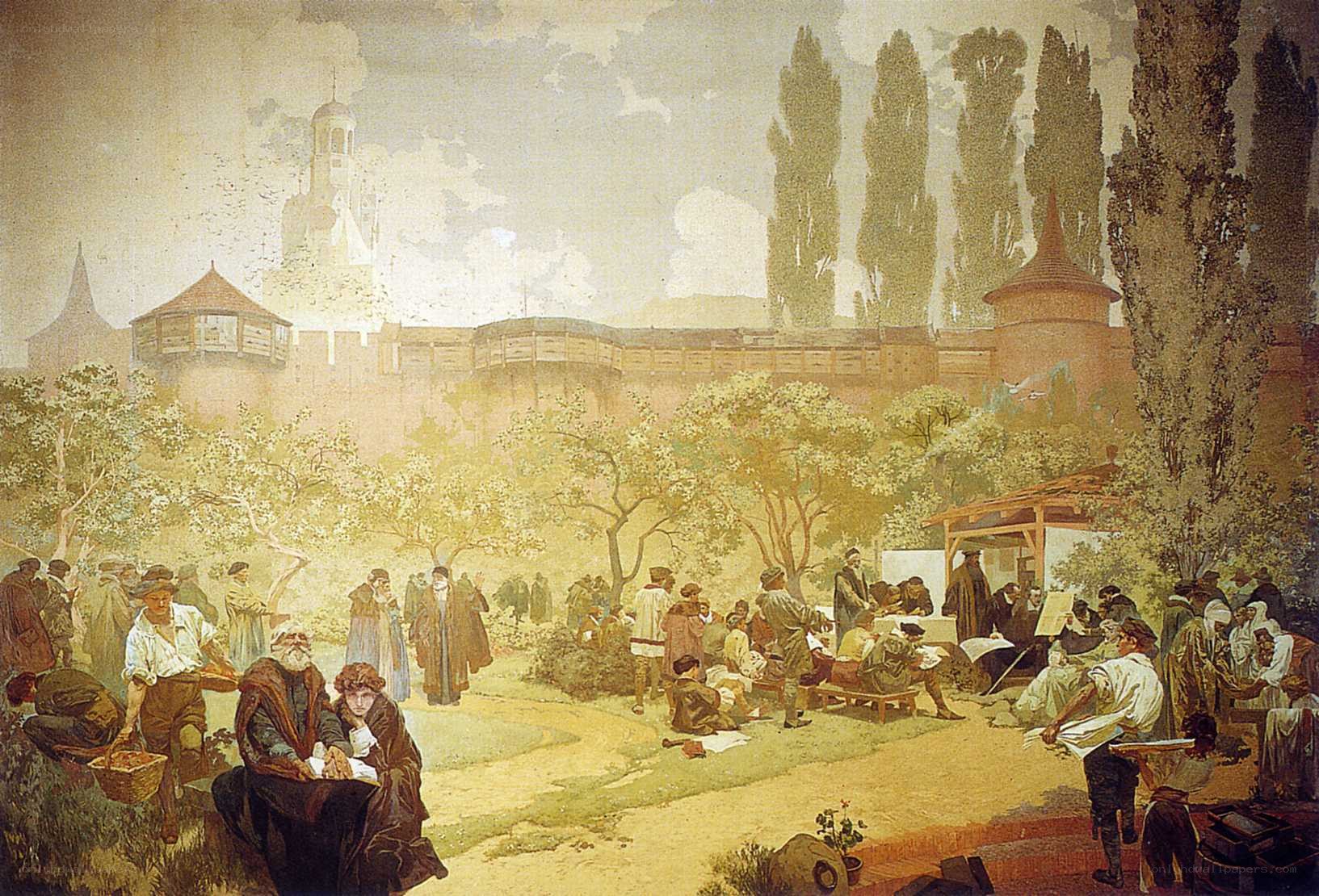 Historical gathering in a courtyard