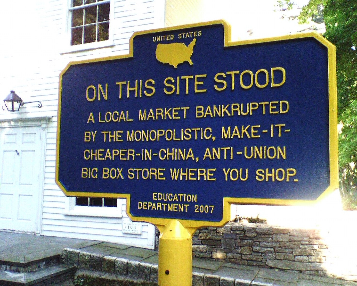 Historical marker with satirical text