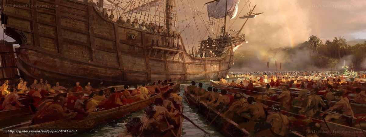 Historical ship arrival scene