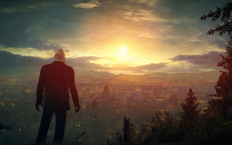 Hitman character overlooking city