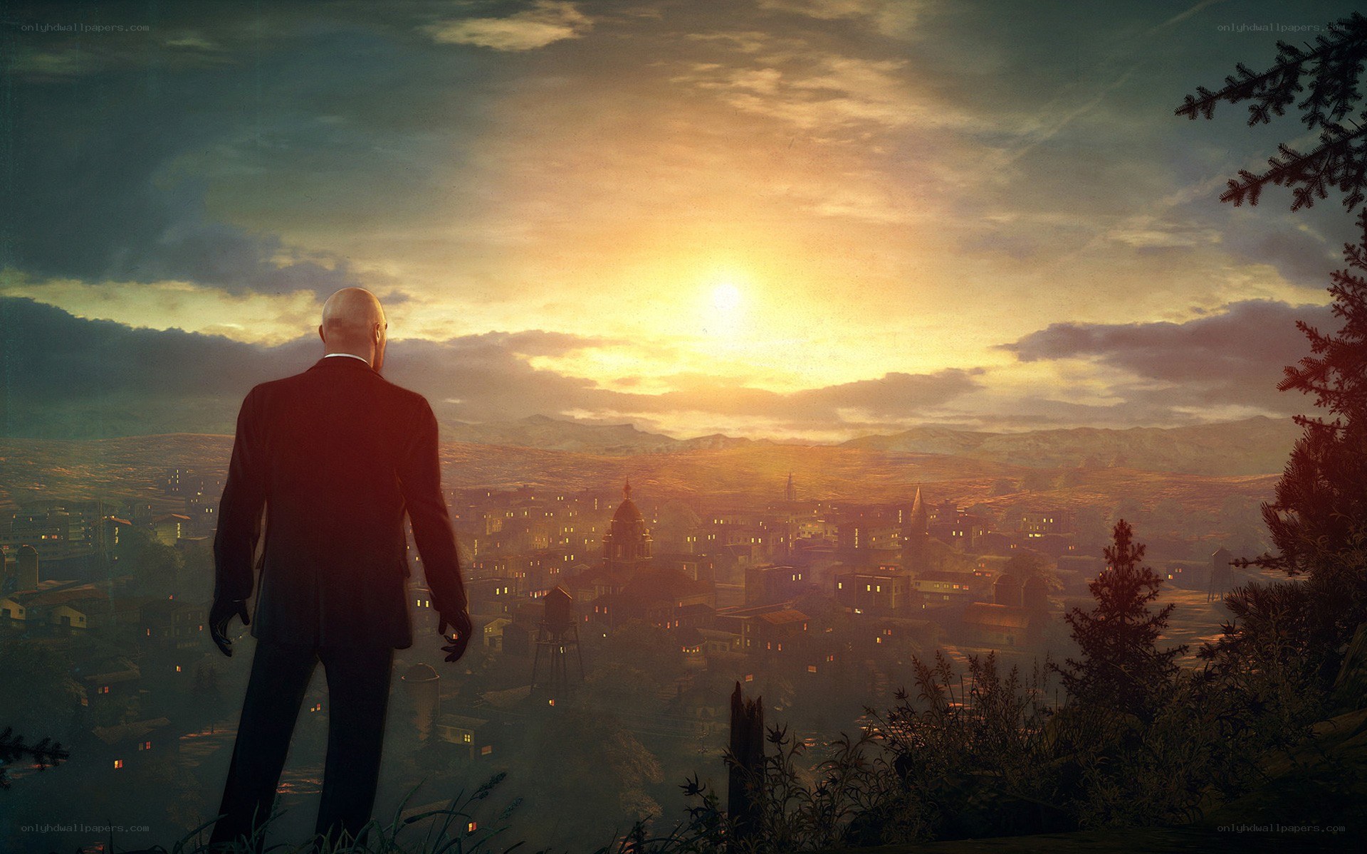 Hitman character overlooking city