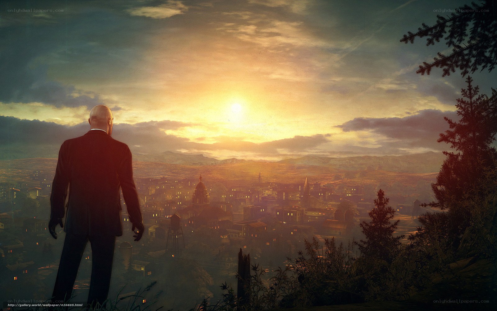 Hitman overlooks city at sunset