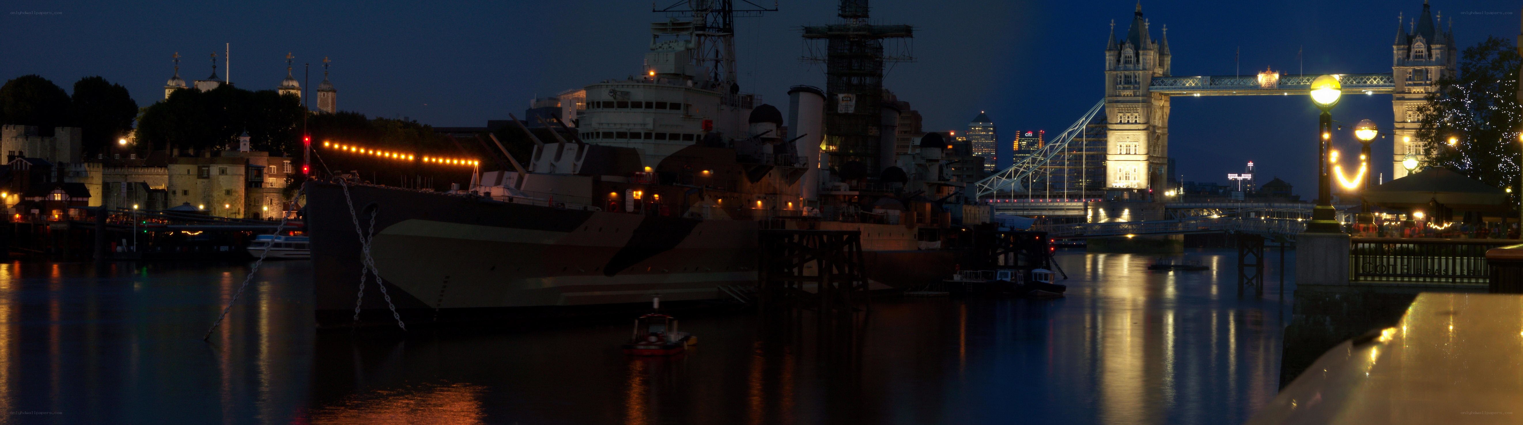 HMS Belfast at night with Tower Bridge