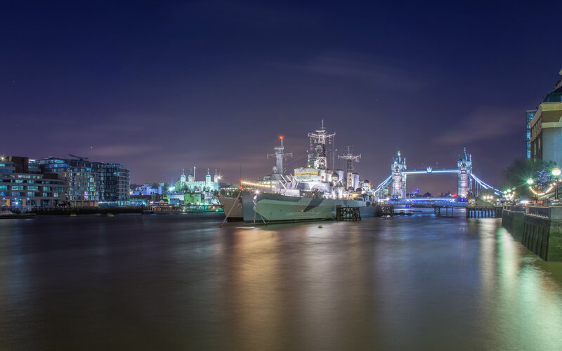 HMS Belfast Ship — Blue, Serene