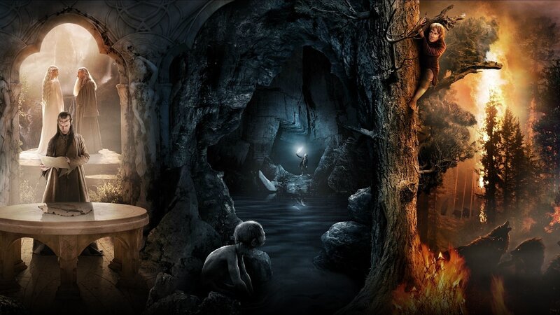 Hobbit Climbing Tree — Brown, Dramatic, Night, Digital Art