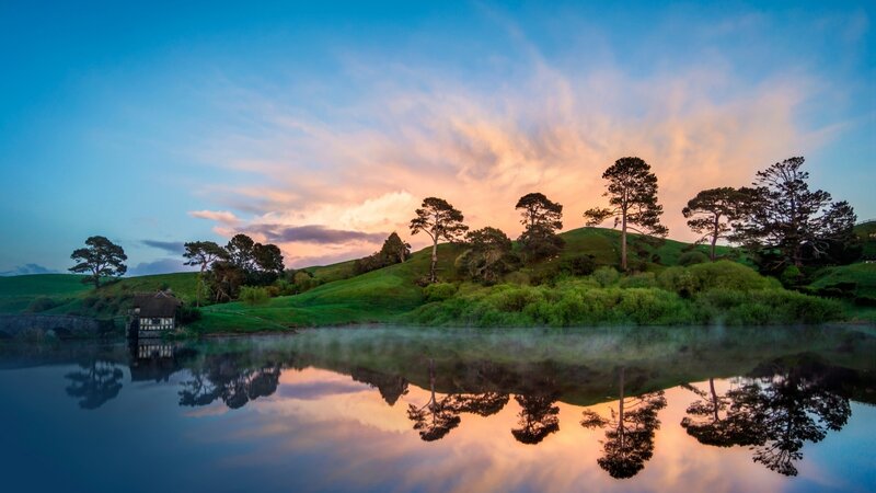 Hobbit House by Lake — Blue, Serene, Sunset