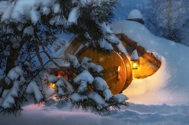Hobbit House in Snow — White, Cozy