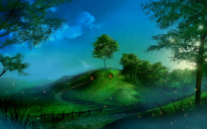 Hobbit House on Hill — Green, Serene, Night