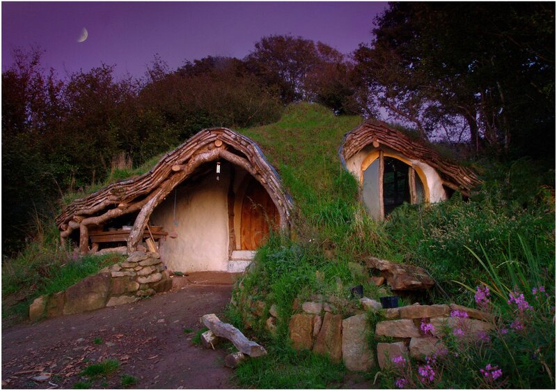 Hobbit-style homes at dusk