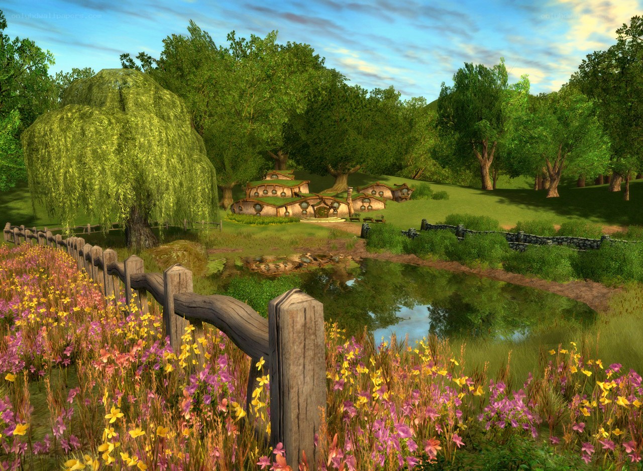 Hobbit village by a pond