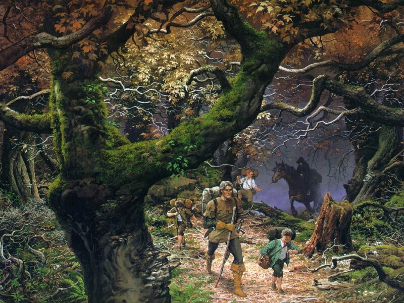 Hobbits and a Man in Forest