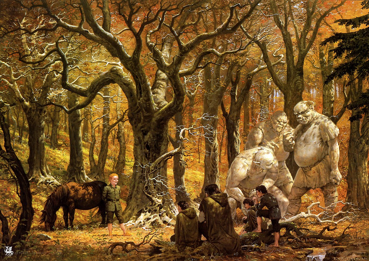 Hobbits encounter trolls in autumn forest