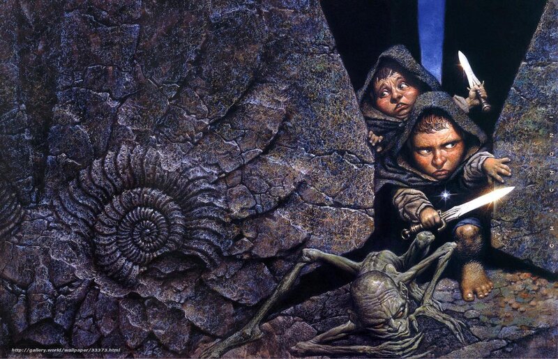 Hobbits in a cave with a creature
