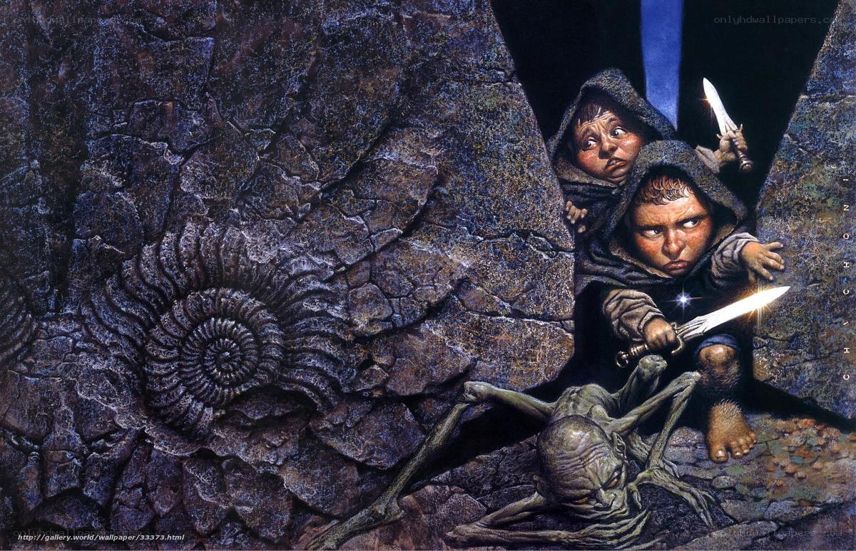 Hobbits in a cave with a creature