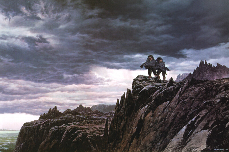Hobbits on a rocky cliff
