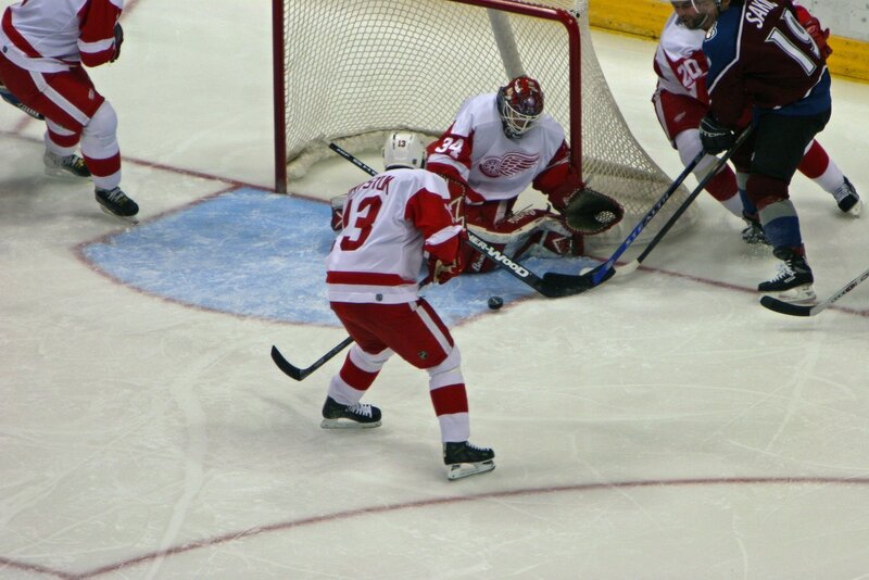 Hockey game action near goal