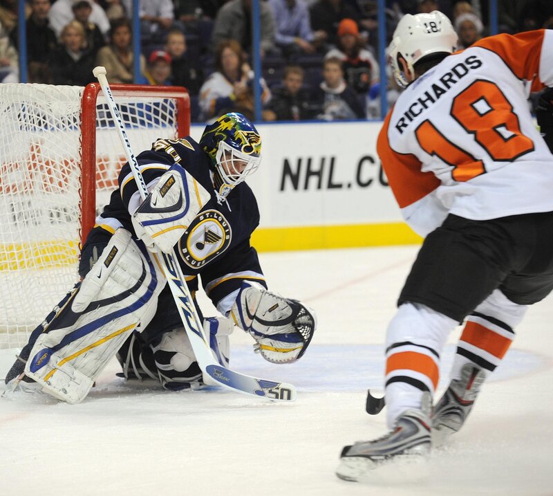 Hockey goalie defending net