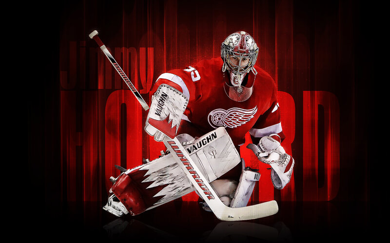Hockey goalie in red uniform