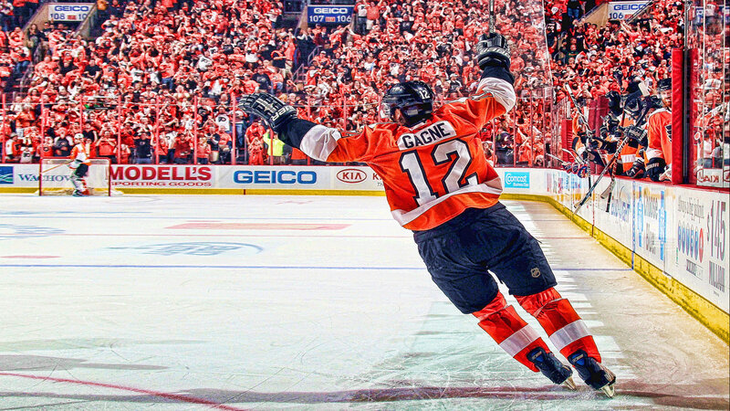 hockey player celebrates goal