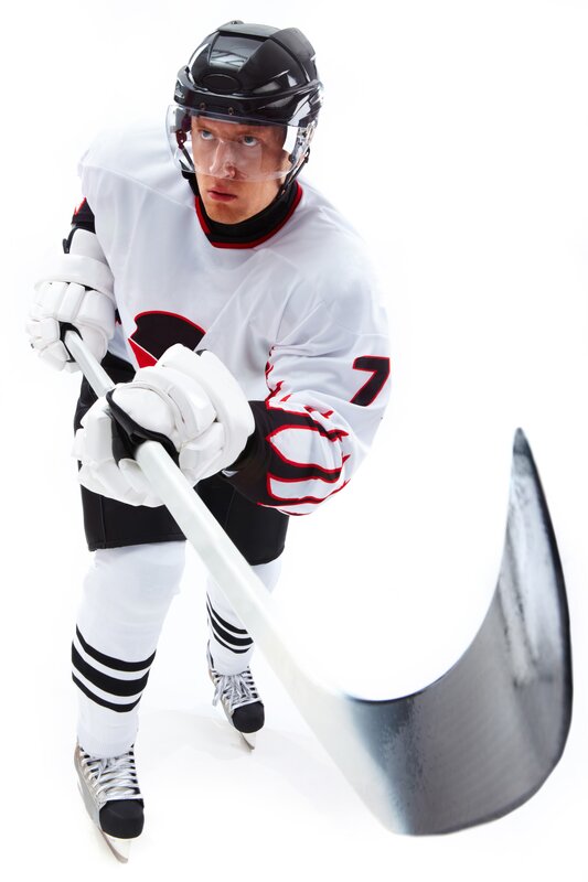 Hockey Player in Uniform — White, Focused