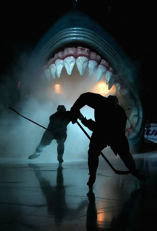 Hockey players facing shark sculpture