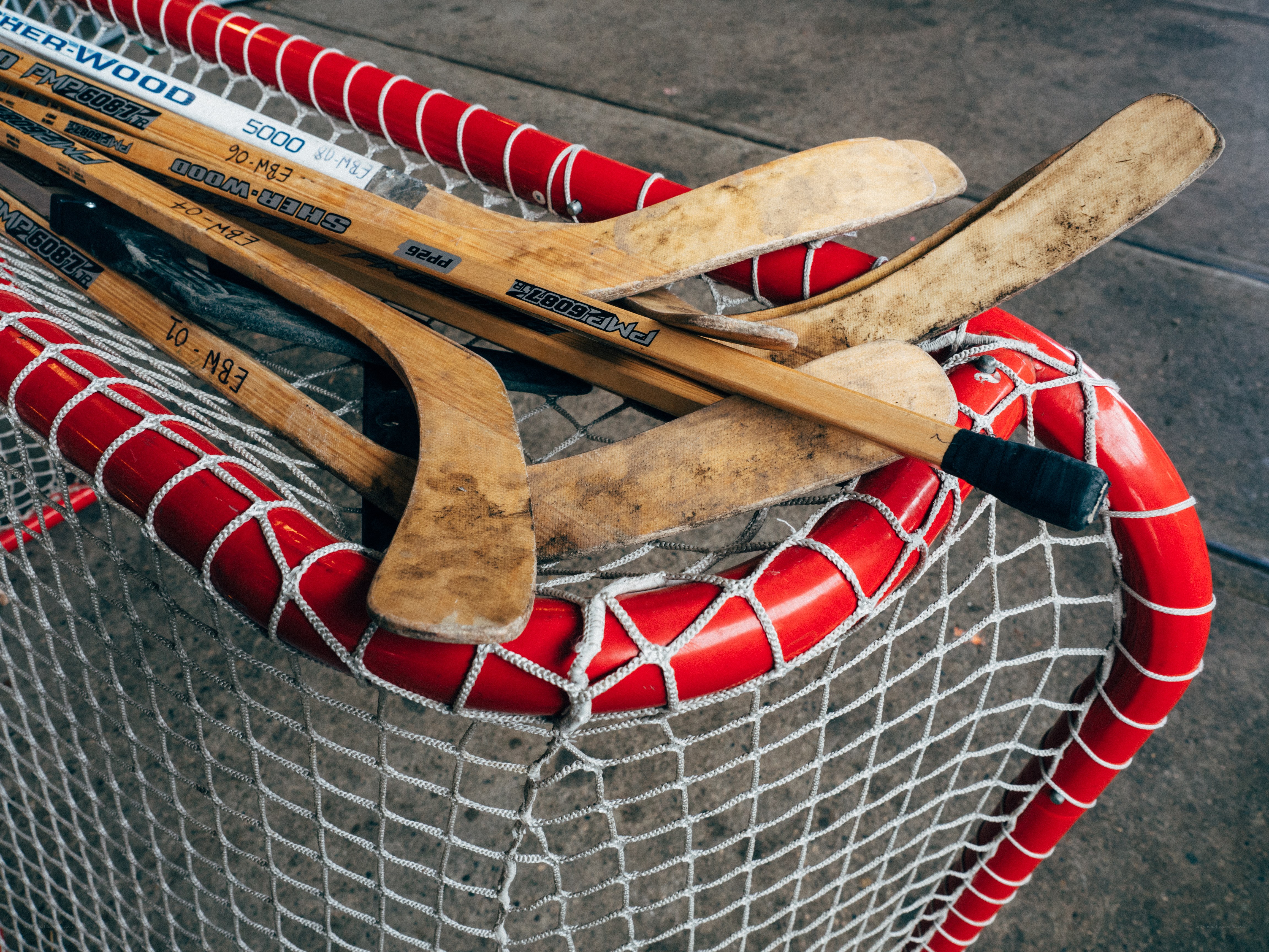 hockey sticks in a net