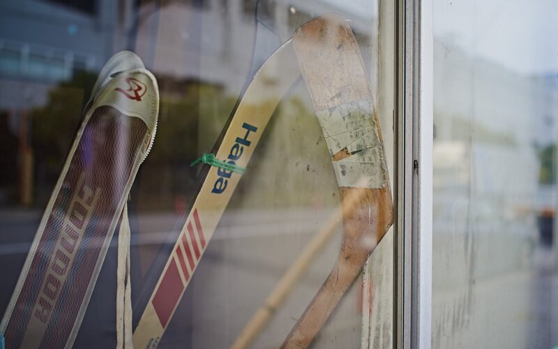 Hockey sticks in a window display