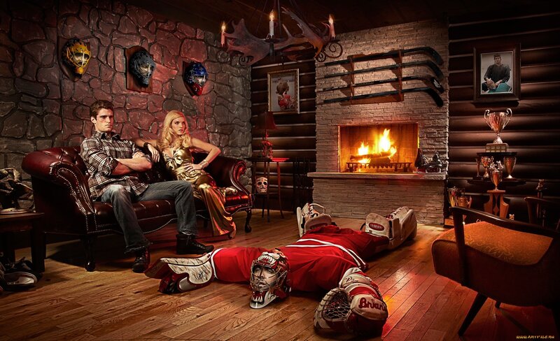 Hockey-themed living room scene