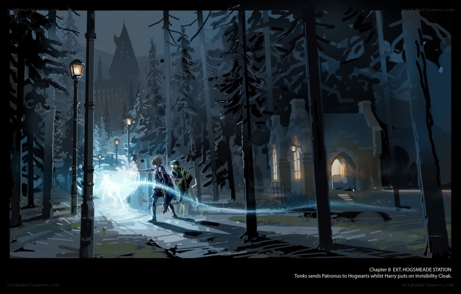 Hogwarts at night with magic