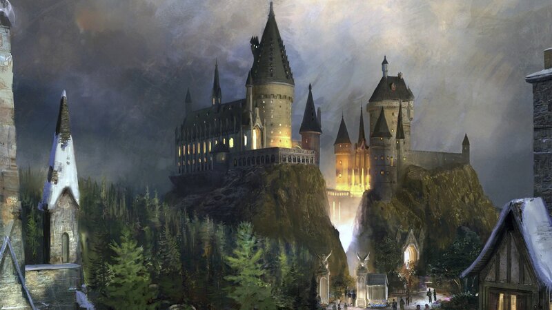 Hogwarts Castle at Night — Gray, Dramatic, Digital Art, Forest, Mountain, Green