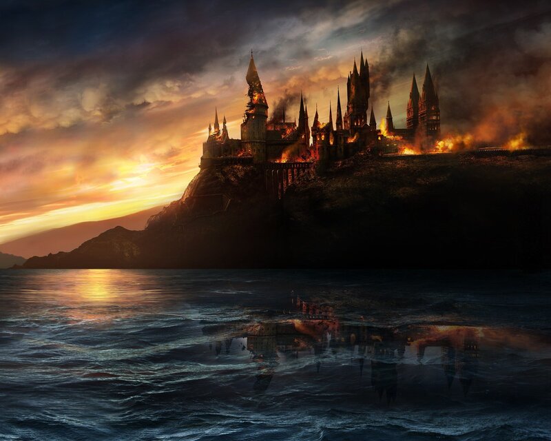 Hogwarts Castle on Fire — Orange, Dramatic, Sunset, Digital Art, Lake