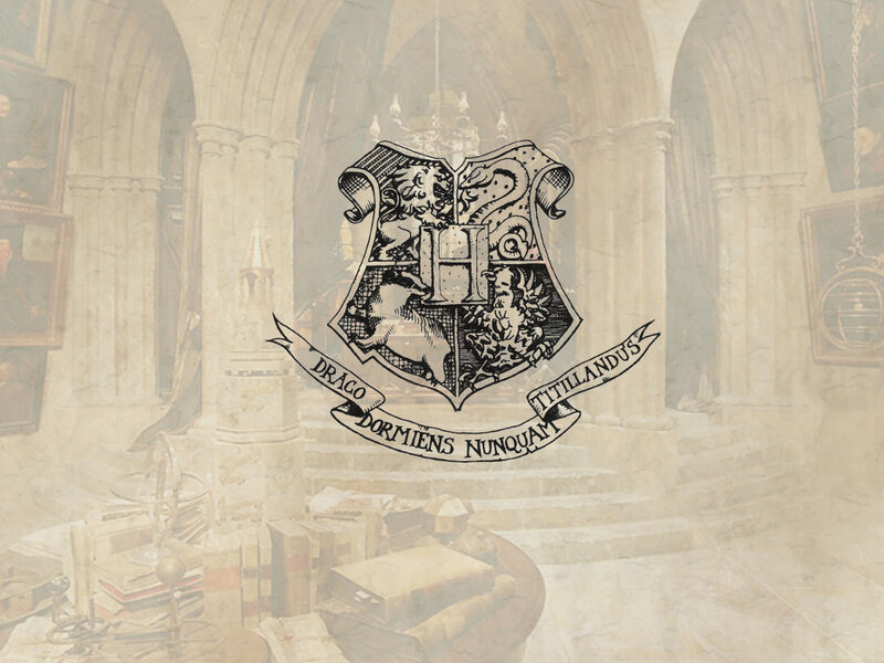 Hogwarts crest in a library