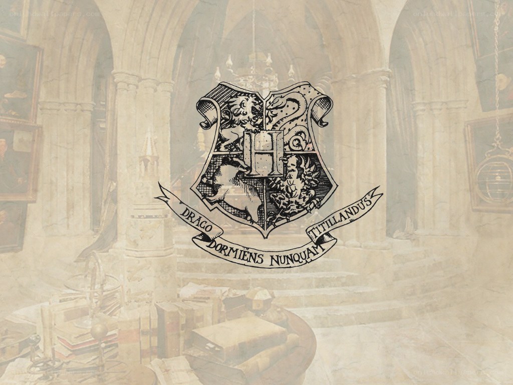 Hogwarts crest in a library
