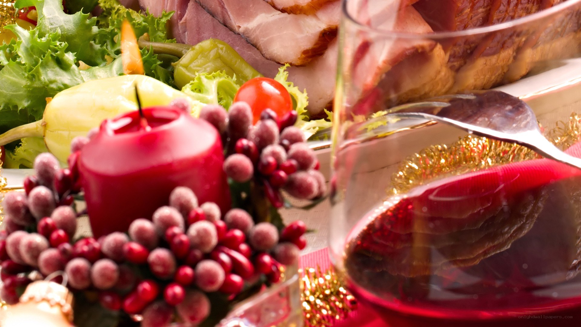 Holiday dinner with wine and candle