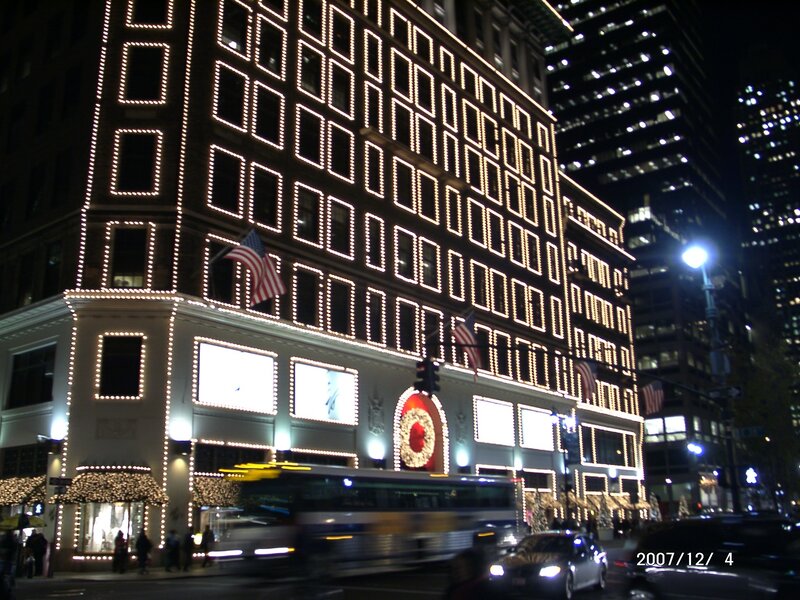 Holiday lights on a city building