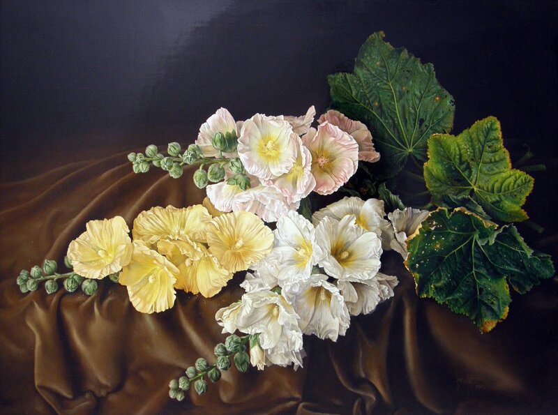 Hollyhock Flowers on Fabric