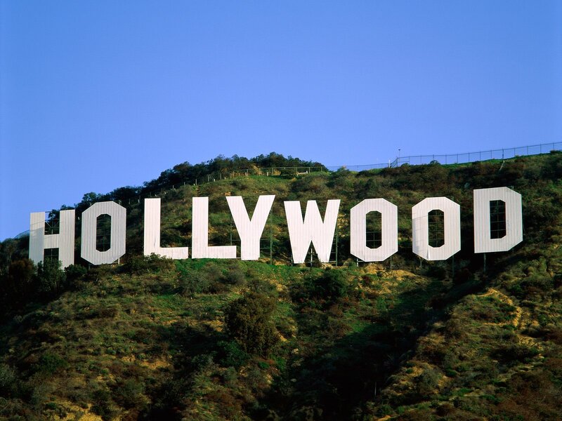 Hollywood Sign on Hillside — White, Clear, Afternoon, Photograph, Trees