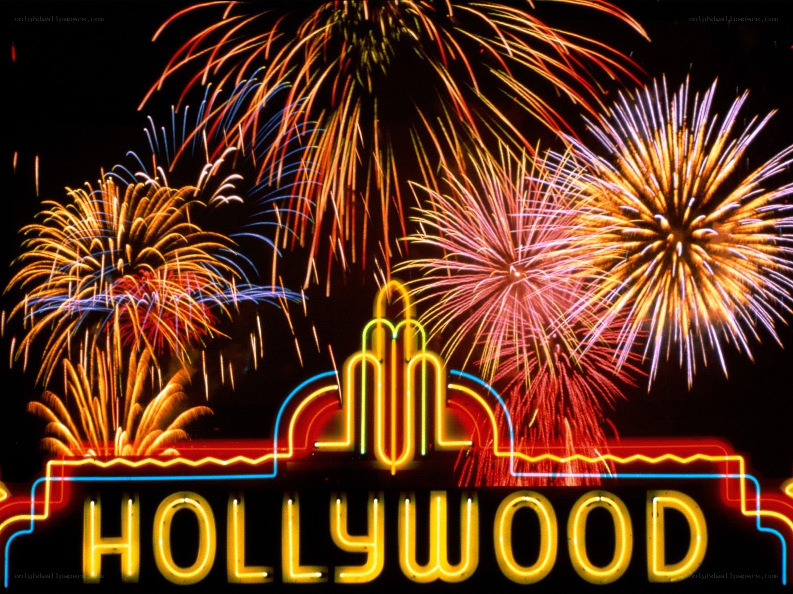 Hollywood sign with fireworks